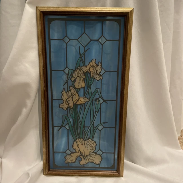 Beautiful Stained Glass Window Panel Handcrafted W/ Irises 11 5/8” X 23”