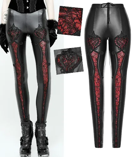 Pantalon gothique lolita baroque faux cuir dentelle brodé coeur rouge PunkRave