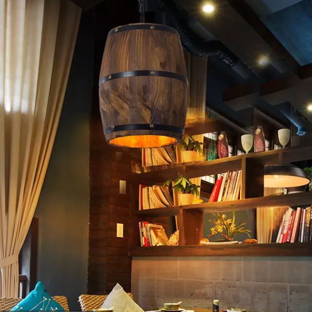 Rustic Wood Wine Barrel Hanging Light Bar Loft Ceiling Pendant Light Chandelier