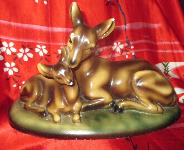 Statuette Plâtre Vintage Années 30 – Biche Et Faon Sur Socle – Déco Occasion