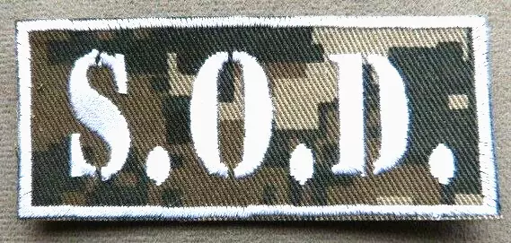 Camo S.O.D. embroidered Iron on patch (Anthrax, M.O.D., Nuclear Assault)