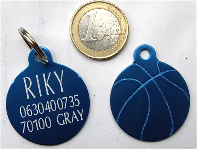 MEDAILLE gravée BLEU ballon basket CHIEN collier harnais