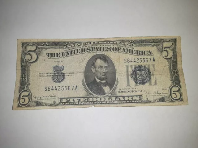 1934-D US 5 Five Dollar Bill Silver Certificate Blue Seal Collector Note ~NICE~
