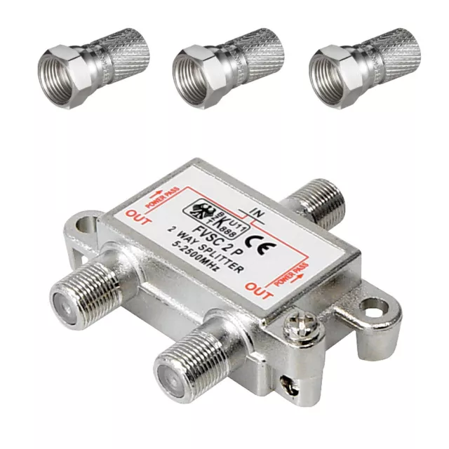 2-fach SAT Verteiler + 3 F-Stecker für 7,5mm Kabel Ø TV Antennen Splitter DVB-T