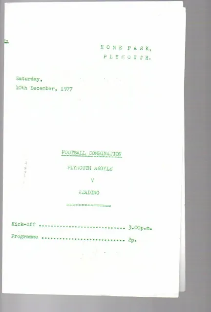 Reserves - Plymouth Argyle v Reading 10.12.1977