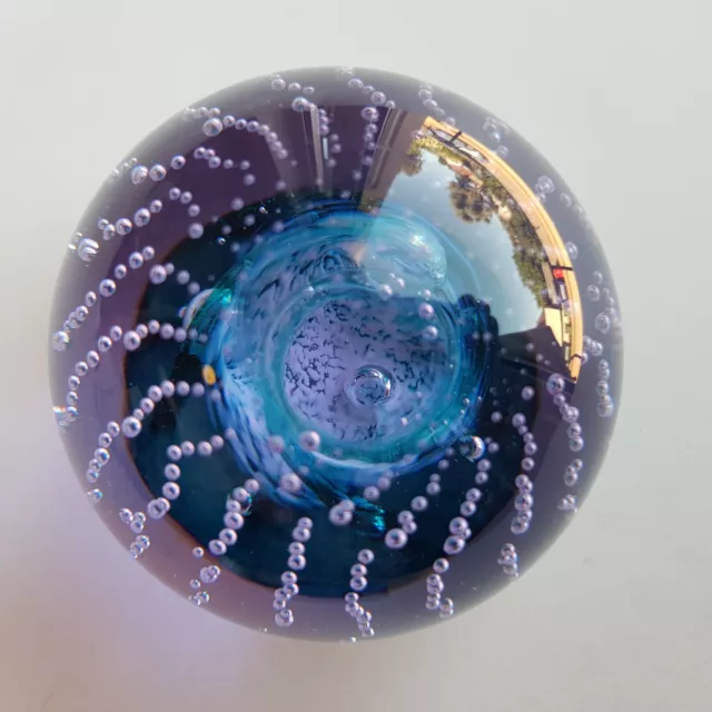 Caithness paperweight art glass studio 8cm blue ocean swirl bubbles VTG Scotland