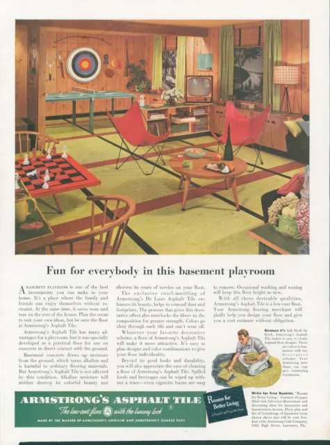 1953 Armstrong Asphalt Tile MCM Butterfly Chair Chess Ping Pong TV Print Ad BH2