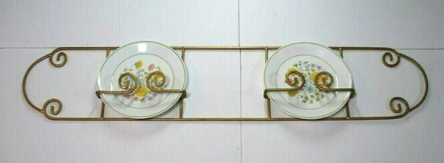 vtg Wrought Iron double Plate display Rack wall hanging gold tone scroll design