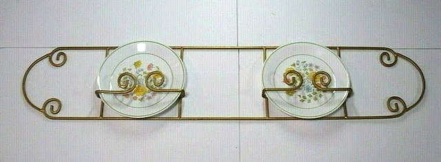 vtg Wrought Iron double Plate display Rack wall hanging gold tone scroll design