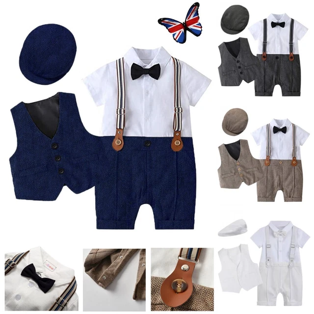Newborn Baby Boy Gentleman Clothes Suspender Bow Tie Romper Vest Hat Outfits Set