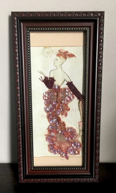 VTG 3D Art Nouveau Shabby Chic Fashion Print w Applied Fabric & Sequins. 7x14in
