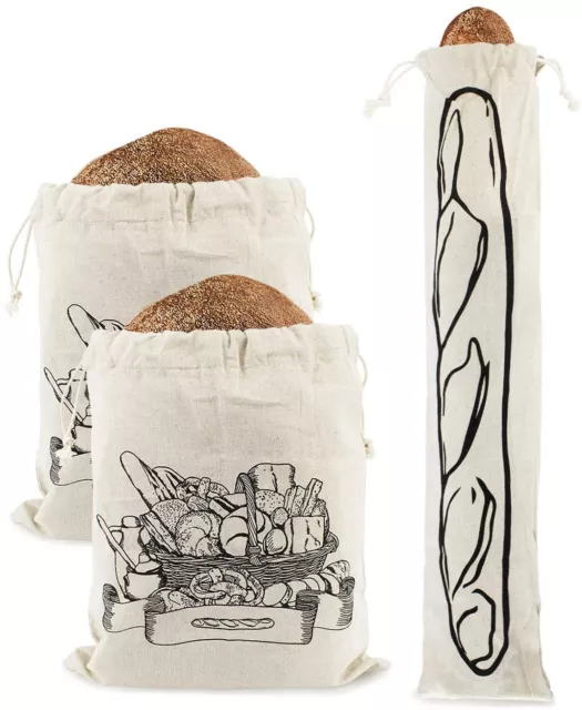 Brotbeutel Set aus Leinen | 32x35cm | 3 Stück | Inkl. Baguette Beutel