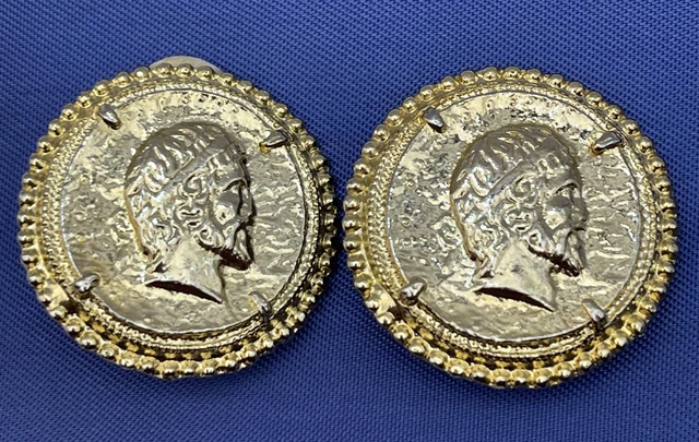 Vintage Estate Earrings High Quality Gold Tone Face Cameo Portrait Greek Roman