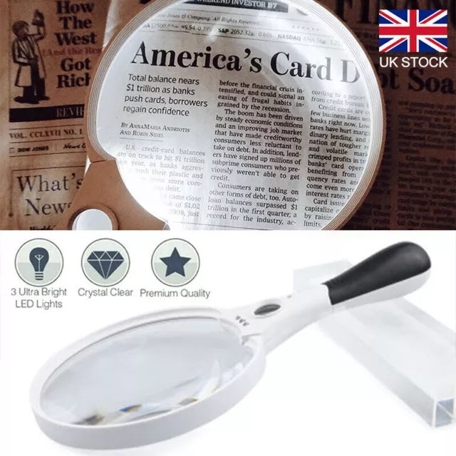 25X Extra Large Strong Magnifying Glass 3 LED Zoom Hand Held Lightweight Bright