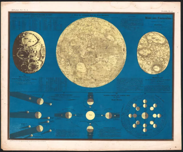 1858 Rare carte lithographie la Lune et les éclipses astronomie L.Ewald