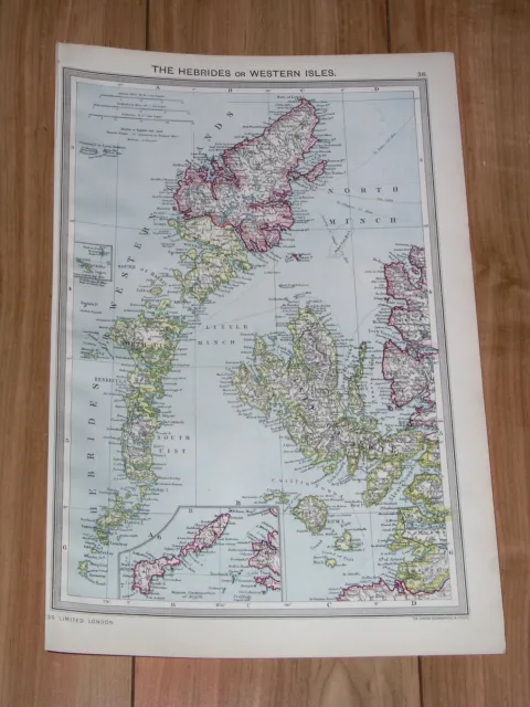 1908 Antique Map Of Hebrides Western Islands Skye / Scotland