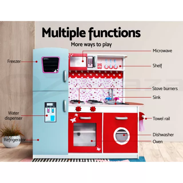 Keezi Kids Kitchen Set Pretend Play Wooden Toys Cooking Fridge Childrens Red 3