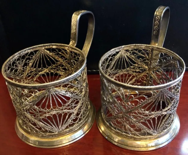 2 VTG Tea Cup Holders *Filigree Fan* Silver Plated - USSR Soviet Podstakannik