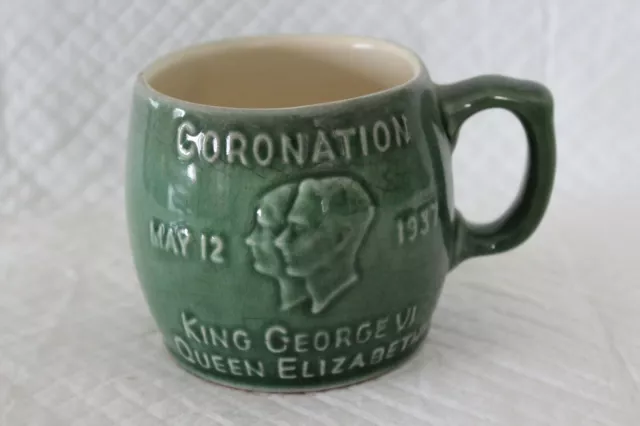 Green Glaze King George VI Studio Art Pottery Coronation Mug - VGC