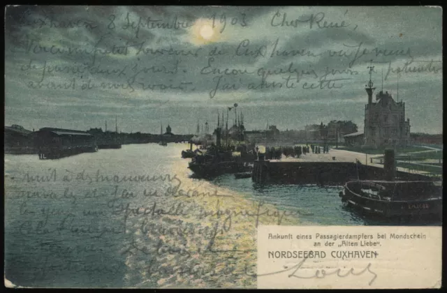 (C4915) Mondschein-AK Cuxhaven, "Alte Liebe" mit Hafen-Einfahrt 1903