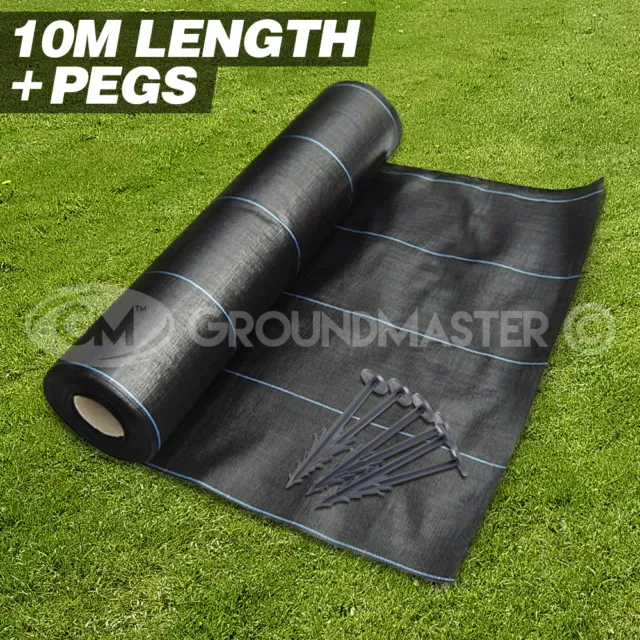10M Long Groundmaster™ Heavy Duty Weed Control Fabric Cover Membrane + Pegs
