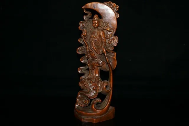 Chinese Natural Boxwood Hand Carved Exquisite Guanyin Statue