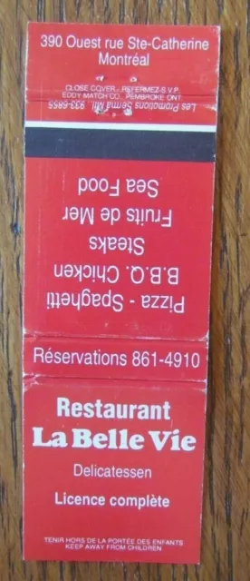 Deli Restaurant Matchbook Cover: Belle Vie Montreal, Quebec Empty Matchcover -D8