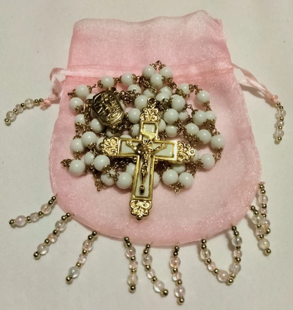 Lenox White Marble Relic Rosary Our Lady Of Lourdes Relic Gold Tone MINT
