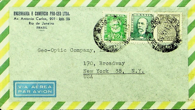 BRAZIL 1955 3v ON AIRMAIL COVER FROM RIO DE JANEIRO TO NEW YORK USA