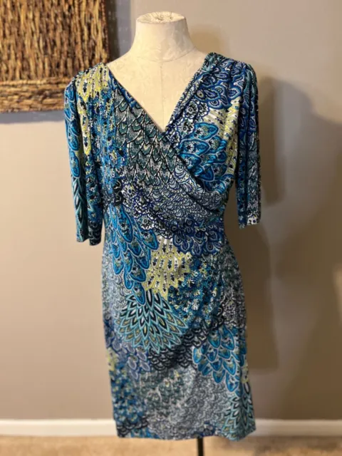 Connected Dress 12 Blue Green Paisley Washable Stretch Short Sleeve Career NEW