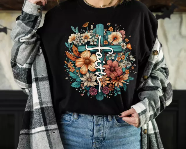 Faith Shirt Floral Christian Cross Tshirt Women's Short Sleeve Crew Neck Gift