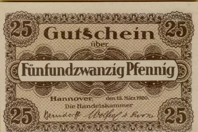 4358: Banknote Notgeldschein 25 Pfennig Handelskammer Hannover 1920