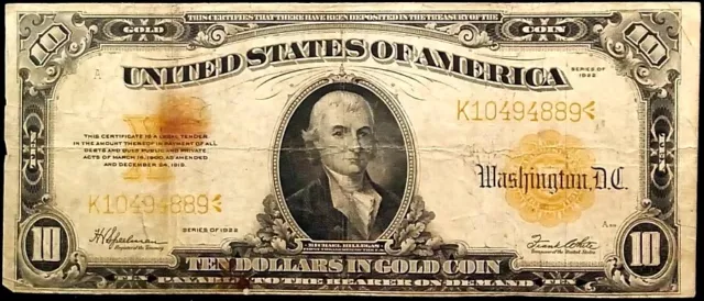 United States 1922 $10 Gold Certificate FR 1173 Large Serial Number