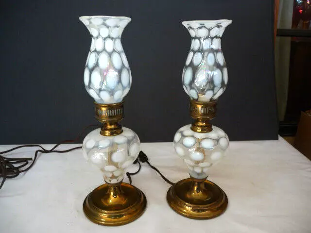 Pair  Fenton French Opalescent Coin Spot Lamps On Brass Base = Boudoir Lamps