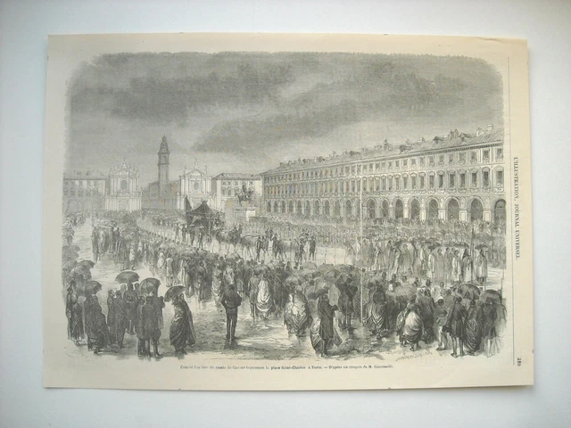 Gravure 1861. A Turin, Convoi Funebre Du Comte De Cavour, Place Saint Charles...