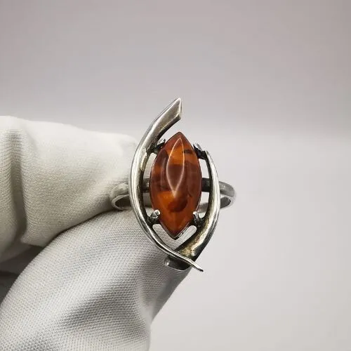 Nice Vintage 925 Sterling Silver Ring Baltic Amber Size 6.75 Women Signed 2.2 g