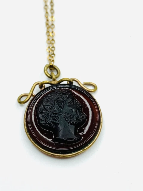 Vintage Art Deco Yellow Gold Filled Garnet Red Glass Intaglio Necklace Pendant 2