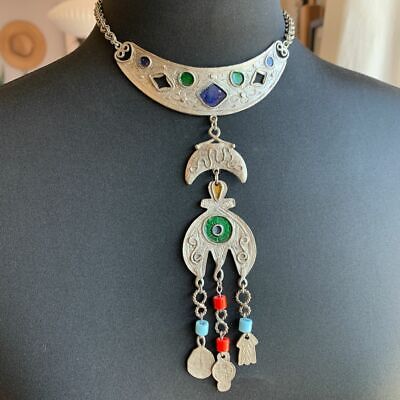 Vintage Silver Tone Etruscan Revival Turkmen Tribal Enamel Bib Necklace 15"
