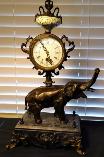 Maitland-Smith Bronze & Marble Elephant Statue Clock Large 16-1/2" Tall As Is