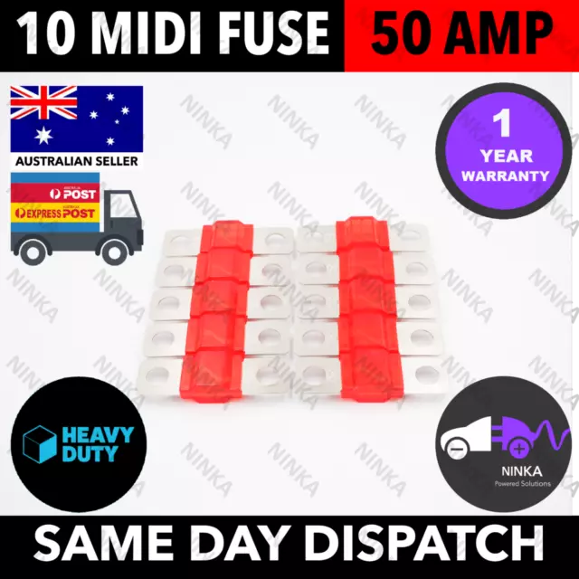 10 x 50 AMP Midi Fuses 50A 4 x 4 Dual Battery ANS Fuse Holder Solar Caravan