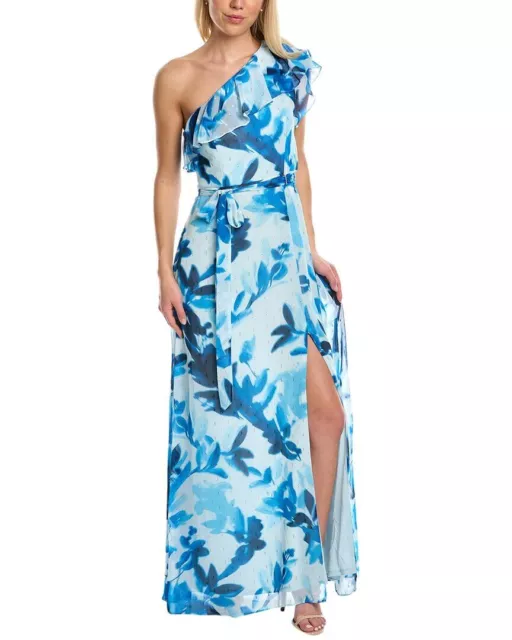 Adrianna Papell Printed Chiffon Metallic Clip Dot One Shoulder Gown Blue Multi