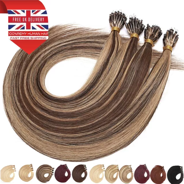 14"-24" Nano Ring Tip Double Drawn Russian Remy Human Hair Extensions Micro Bead