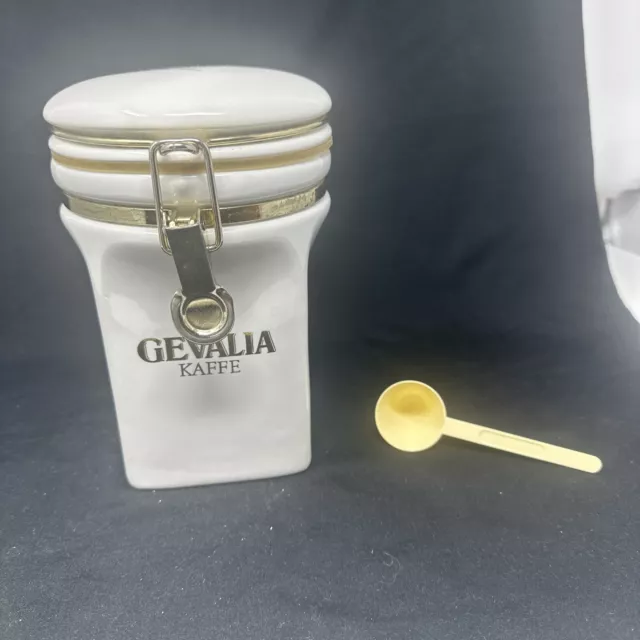 Vintage Koffee Gevalia White/Gold Ceramic Coffee Jar & Measuring Spoon, VG+