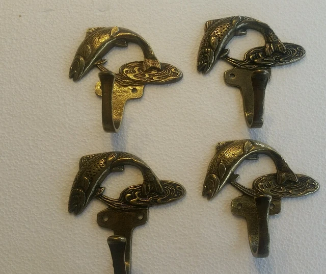 4 Vintage Solid Brass Trout Fish Hooks,  Coat Hook With Screws (B799)