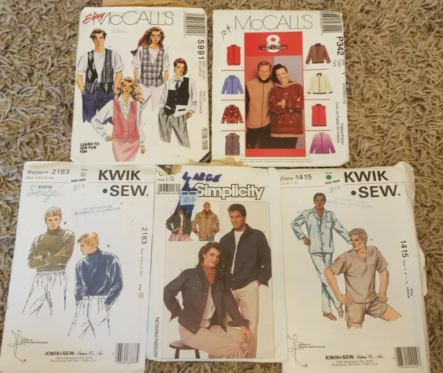 Lot of 5 Cut & Partially Cut Men & Unisex Sewing Patterns Simplicity Mccalls