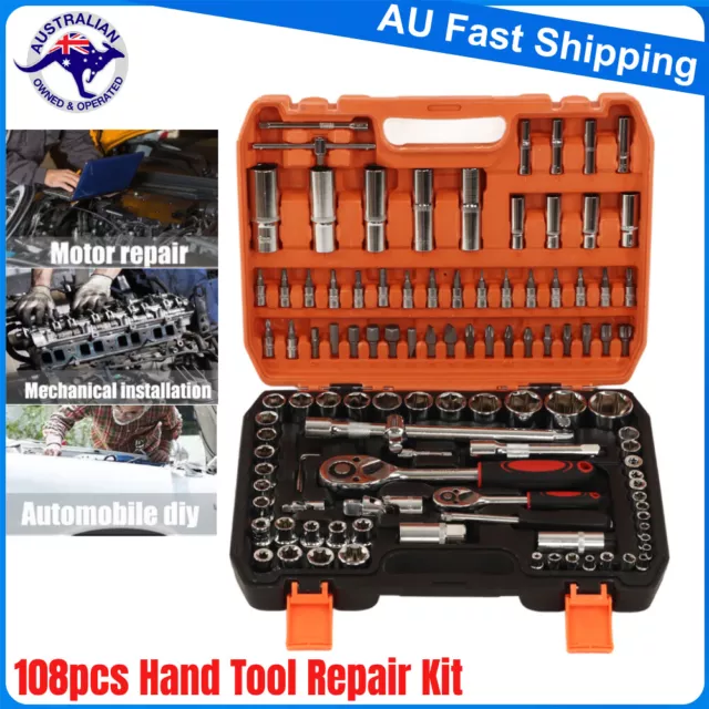 108PCS Tool Kit Socket Hand Set 1/2" & 1/4" Ratchet Spanner Wrench Metric Driver