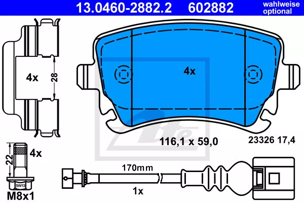 ATE Bremsbeläge mit Zubehör Hinten (13.0460-2882.2) für VW Multivan T6