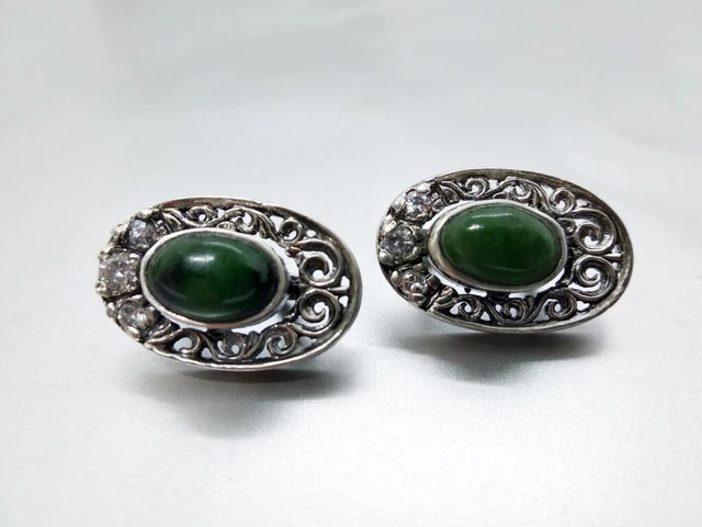 Vintage Womens Earrings Sterling Silver 925 USSR Natural Jade Cubic Zirconia
