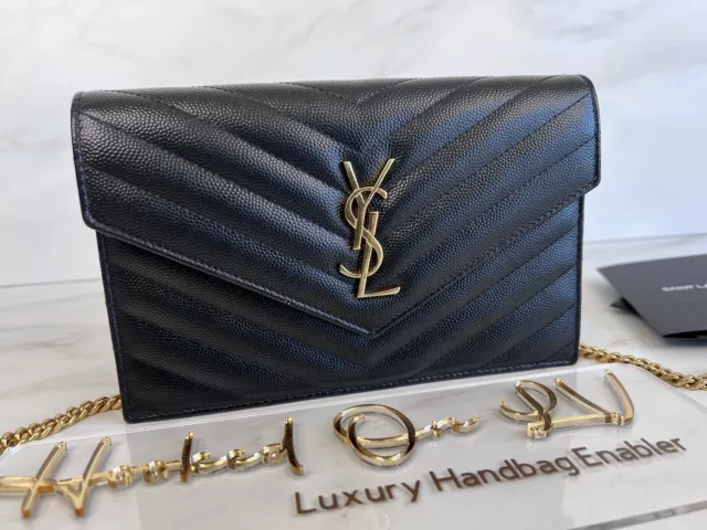 Saint Laurent YSL Grain de Poudre Envelope Wallet on a Chain Black & Gold WOC