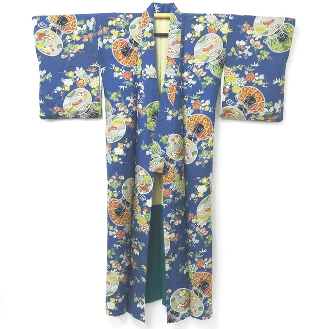 8918B4 Silk Vintage Japanese Kimono Robe Dress Tsuzumi Peony Rinzu 2